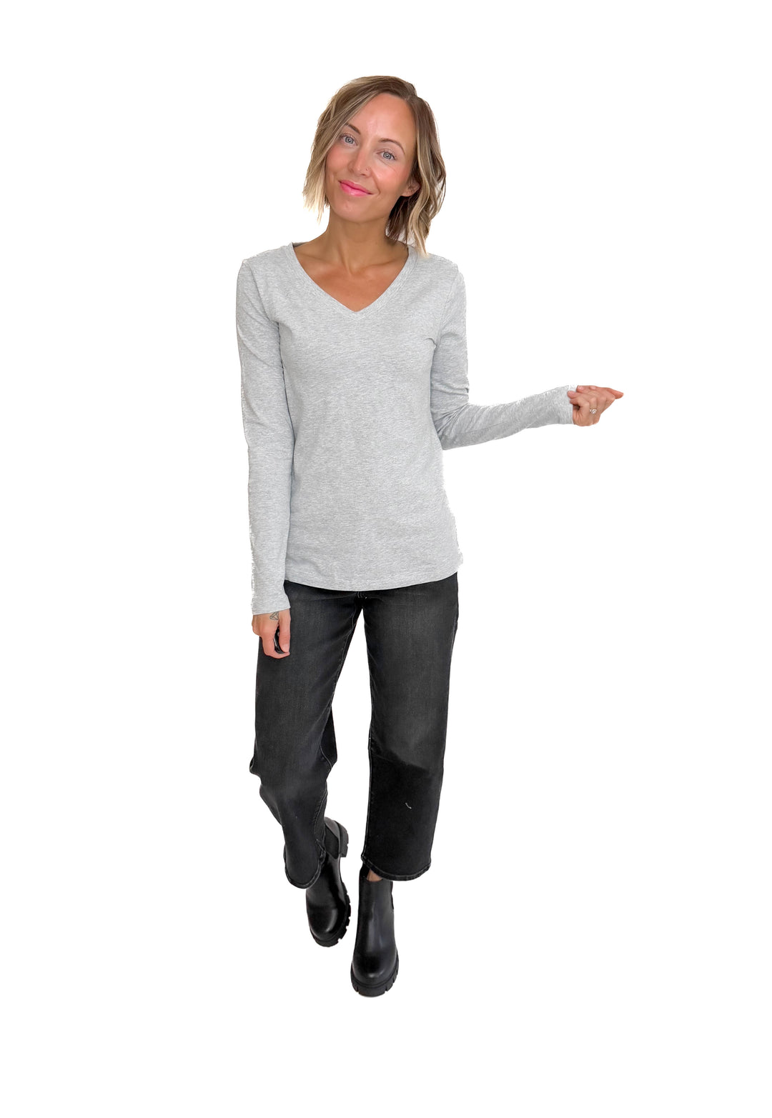 Sharon Stretch Cotton Long Sleeve- HEATHER GREY