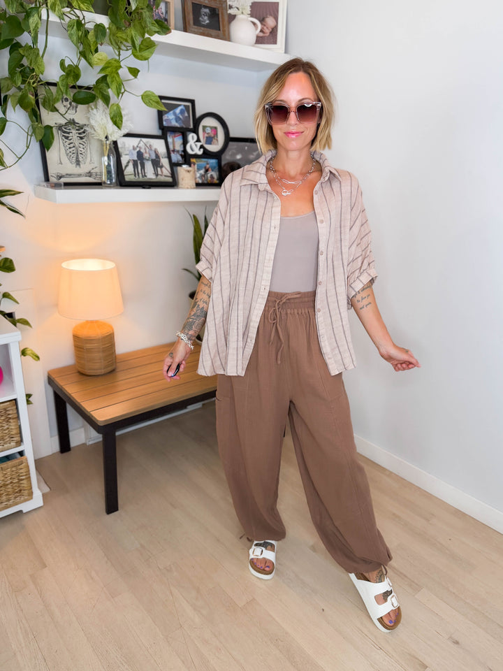 Farah Oversized Striped Cotton Blouse- LATTE