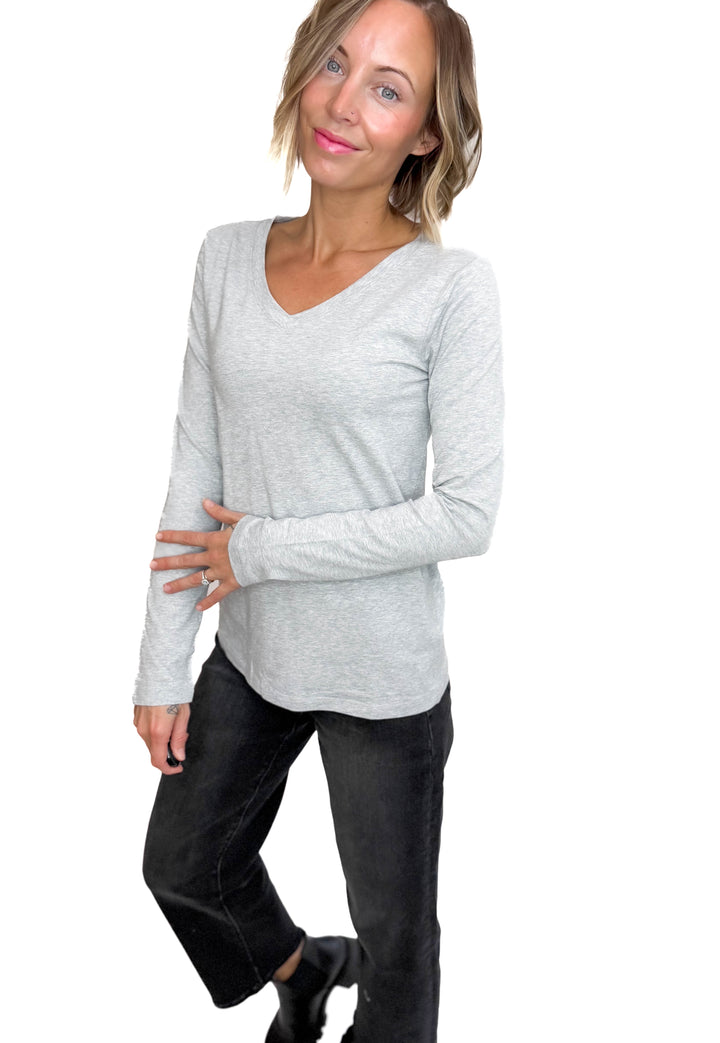 Sharon Stretch Cotton Long Sleeve- HEATHER GREY