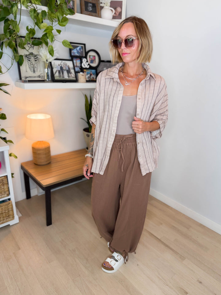 Farah Oversized Striped Cotton Blouse- LATTE