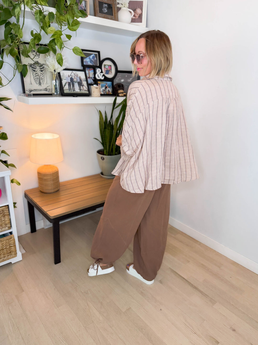 Farah Oversized Striped Cotton Blouse- LATTE