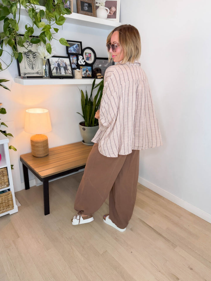 Farah Oversized Striped Cotton Blouse- LATTE