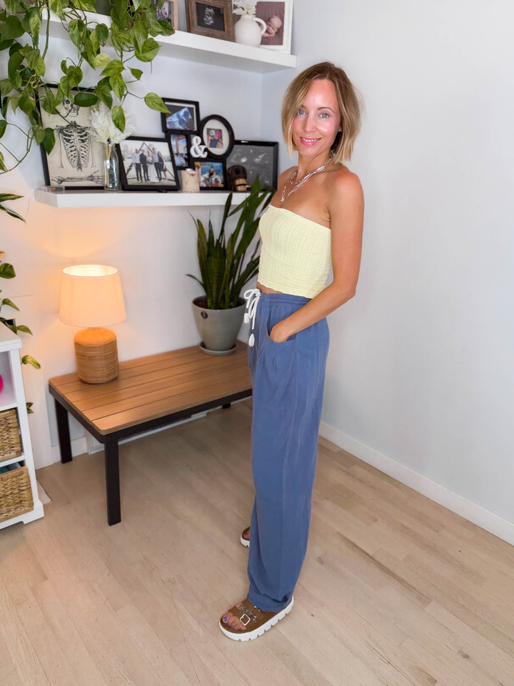 Shania Linen Blend Barrel Pant- DENIM BLUE