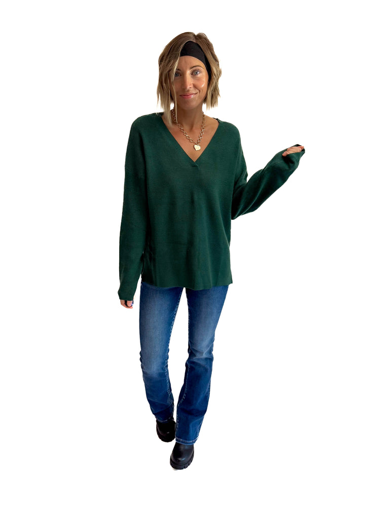 Jillian Knit V-Neck Drop Shoulder Sweater- TEAL GREEN-FINAL SALE