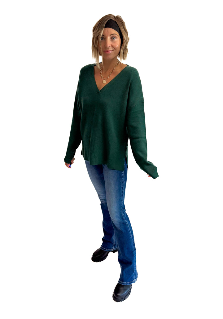 Jillian Knit V-Neck Drop Shoulder Sweater- TEAL GREEN-FINAL SALE
