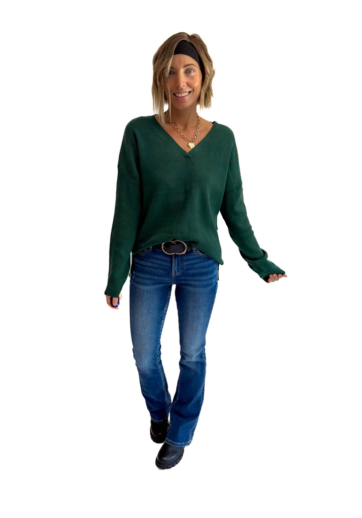 Jillian Knit V-Neck Drop Shoulder Sweater- TEAL GREEN-FINAL SALE