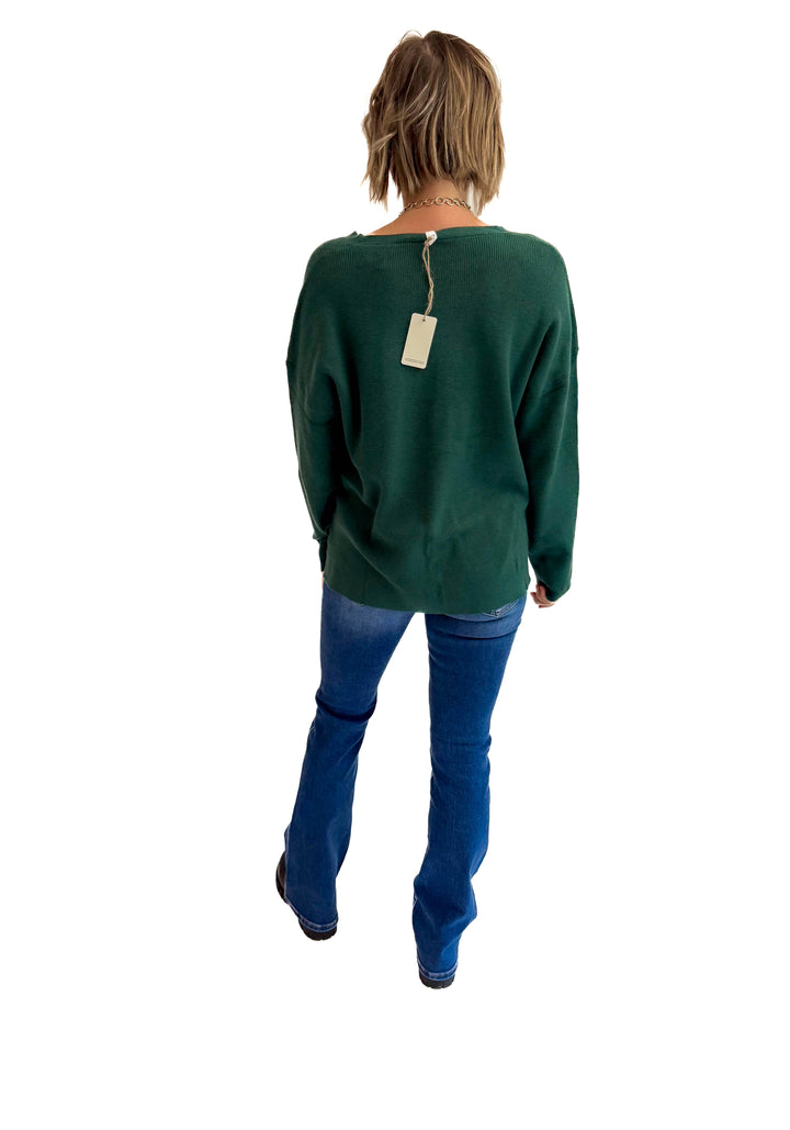 Jillian Knit V-Neck Drop Shoulder Sweater- TEAL GREEN-FINAL SALE