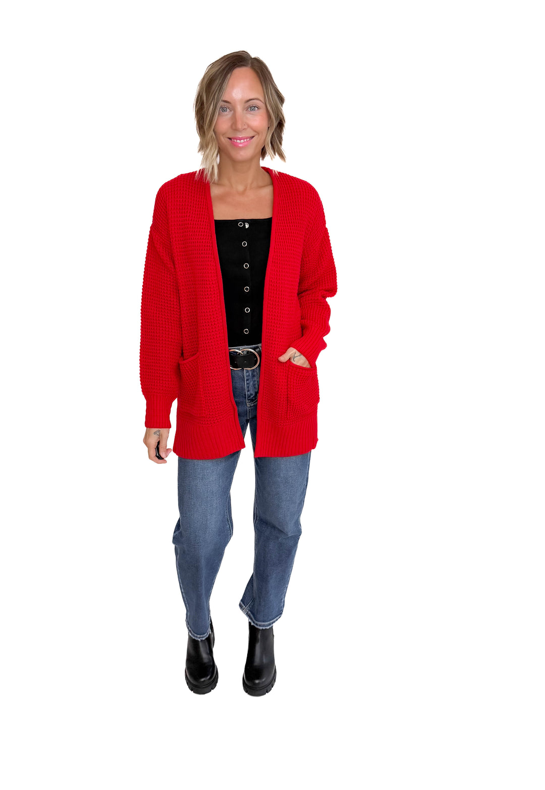 Marley Waffle Cardigan- RUBY