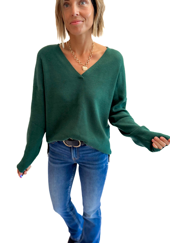 Jillian Knit V-Neck Drop Shoulder Sweater- TEAL GREEN-FINAL SALE