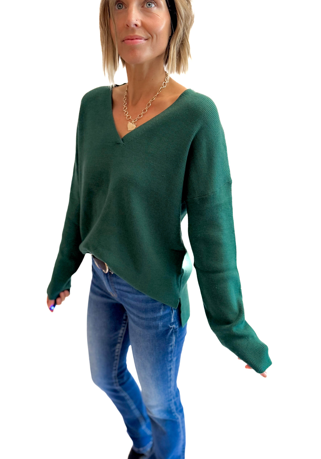 Jillian Knit V-Neck Drop Shoulder Sweater- TEAL GREEN-FINAL SALE