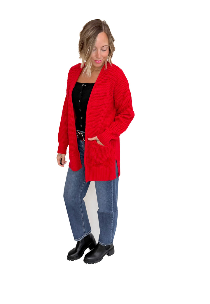 Marley Waffle Cardigan- RUBY