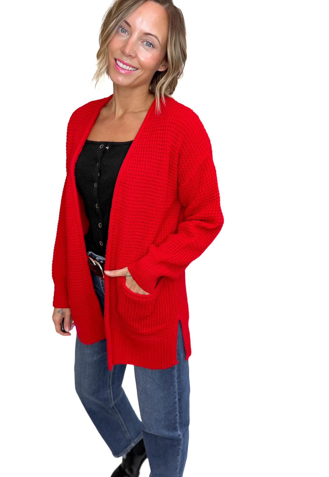 Marley Waffle Cardigan- RUBY