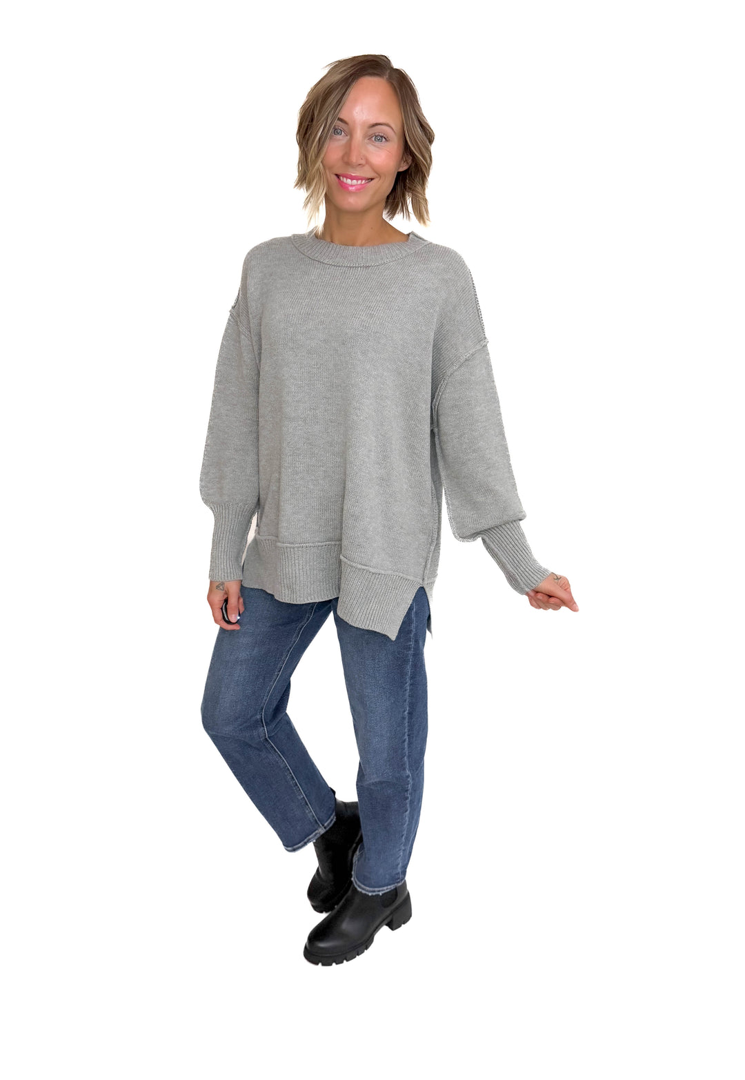 Katie Classic Crewneck Knit Sweater-- HEATHER GREY
