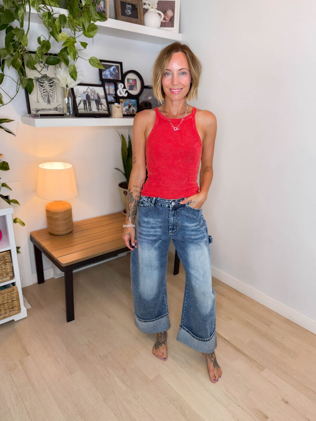 Navy Stretch Denim Cuffed Barrel Jean
