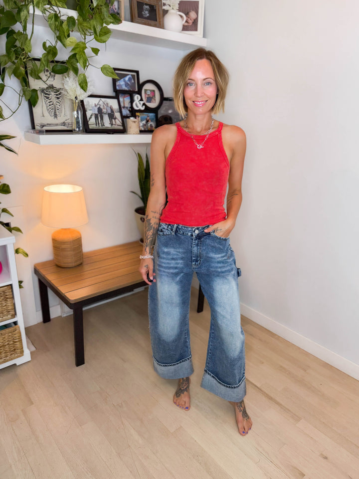 Navy Stretch Denim Cuffed Barrel Jean