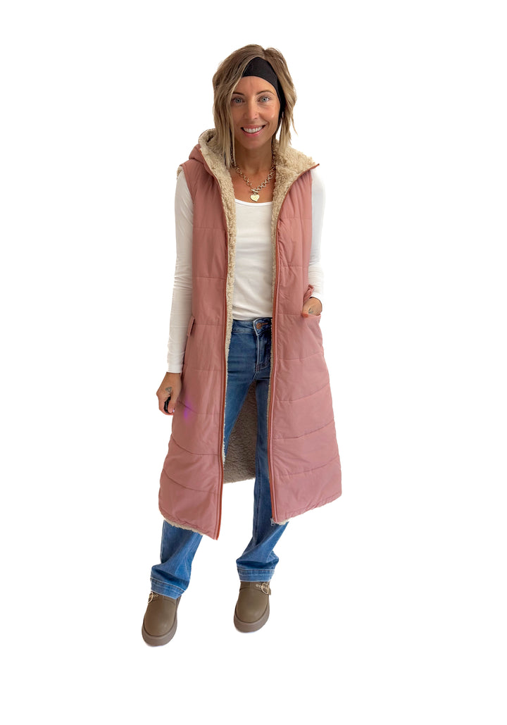 Blake Reversible Sherpa Puffer Vest- MAUVE