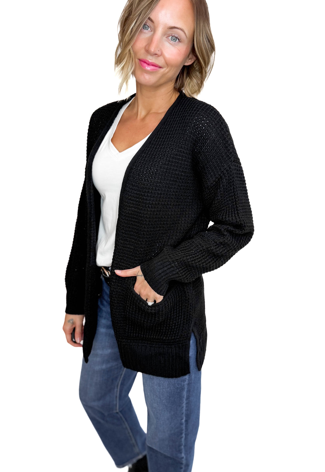 Marley Waffle Cardigan- BLACK