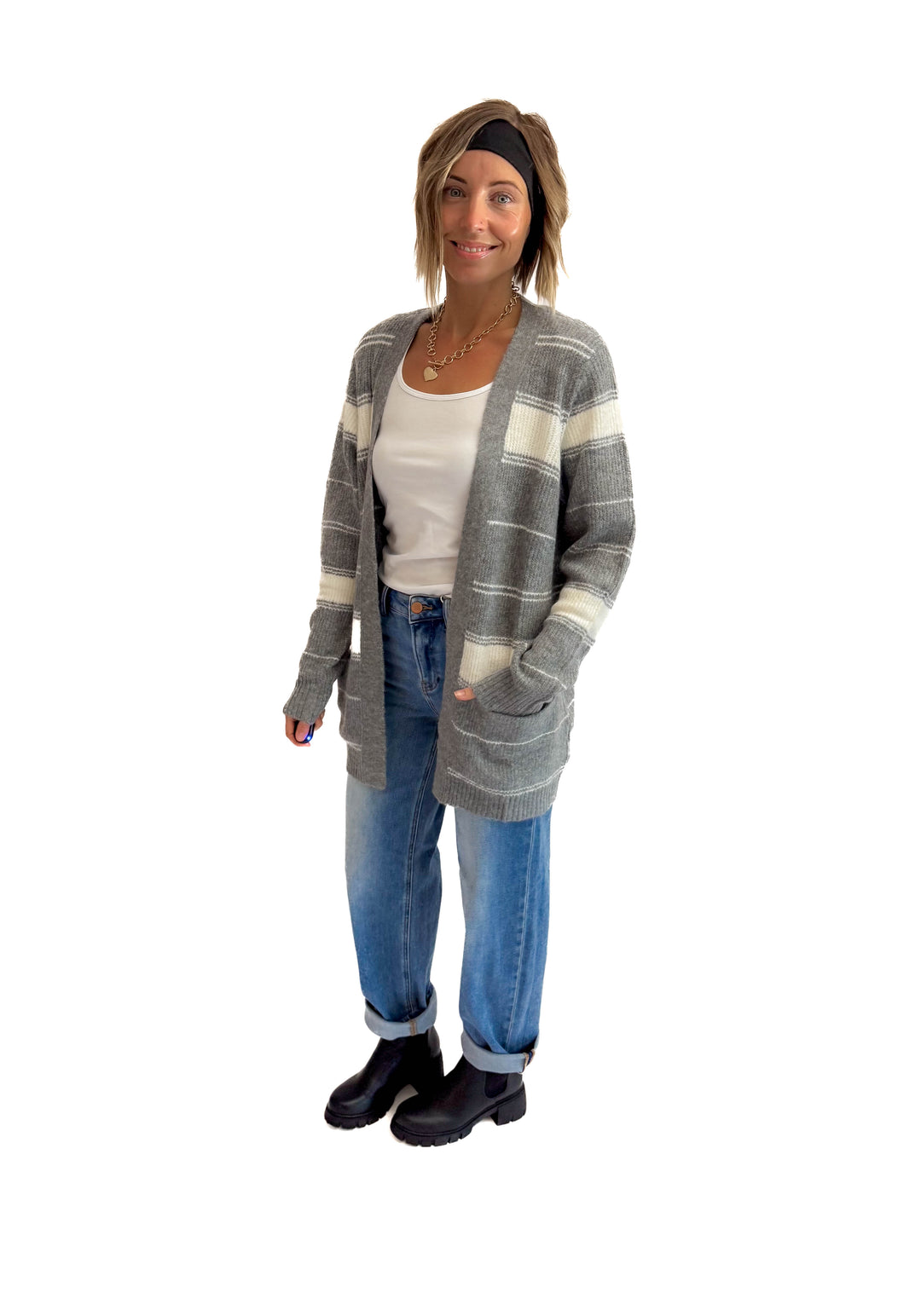 Anvil Striped Pocket Cardigan- CREAM/GREY