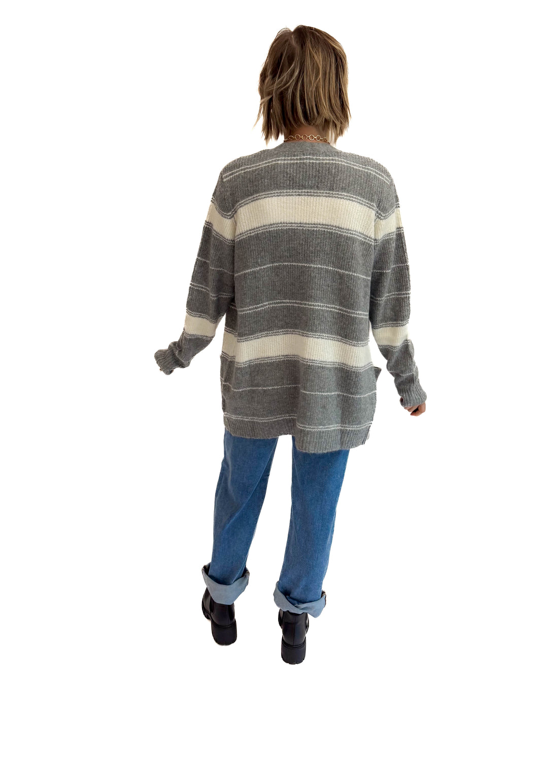 Anvil Striped Pocket Cardigan- CREAM/GREY