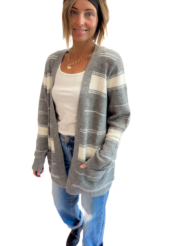 Anvil Striped Pocket Cardigan- CREAM/GREY