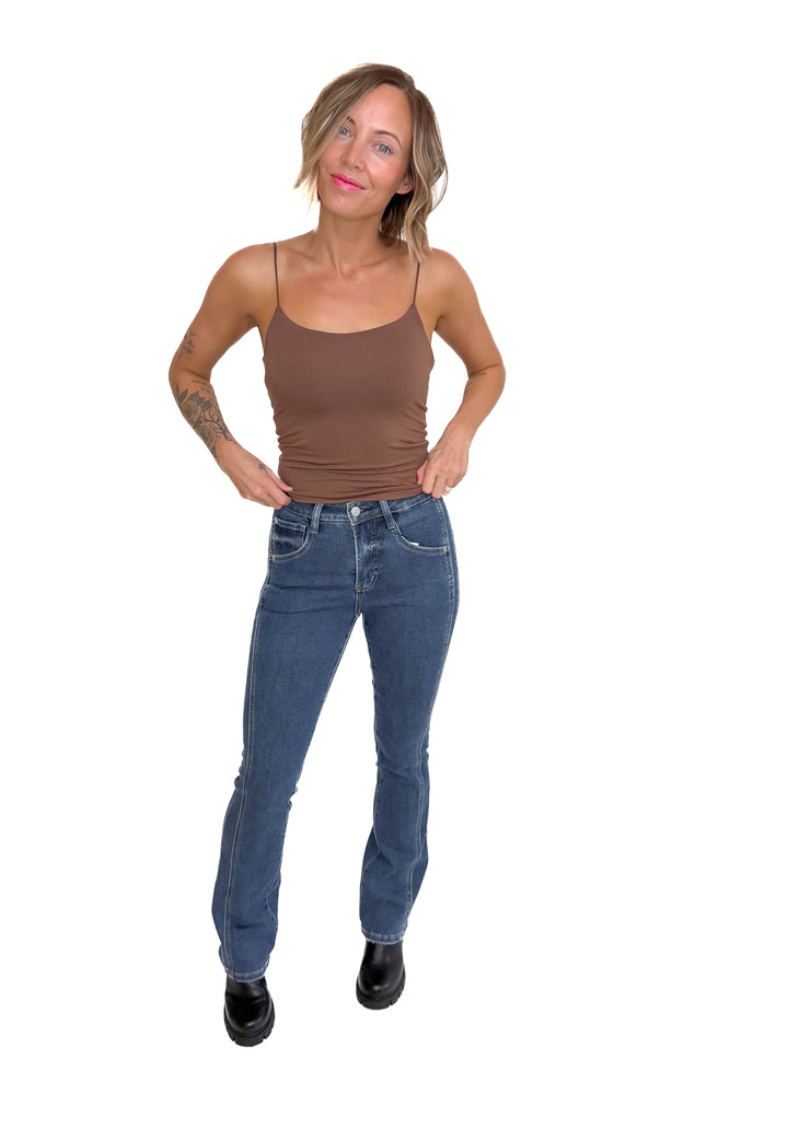 Mica Ria High Rise Bootcut Side Panel Tummy Tuck Jeans- MEDIUM WASH