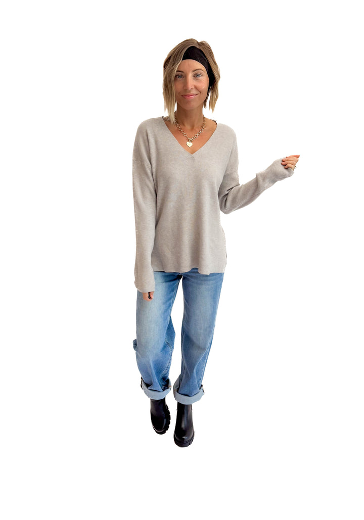 Jillian Knit V-Neck Drop Shoulder Sweater- HEATHER GREY
