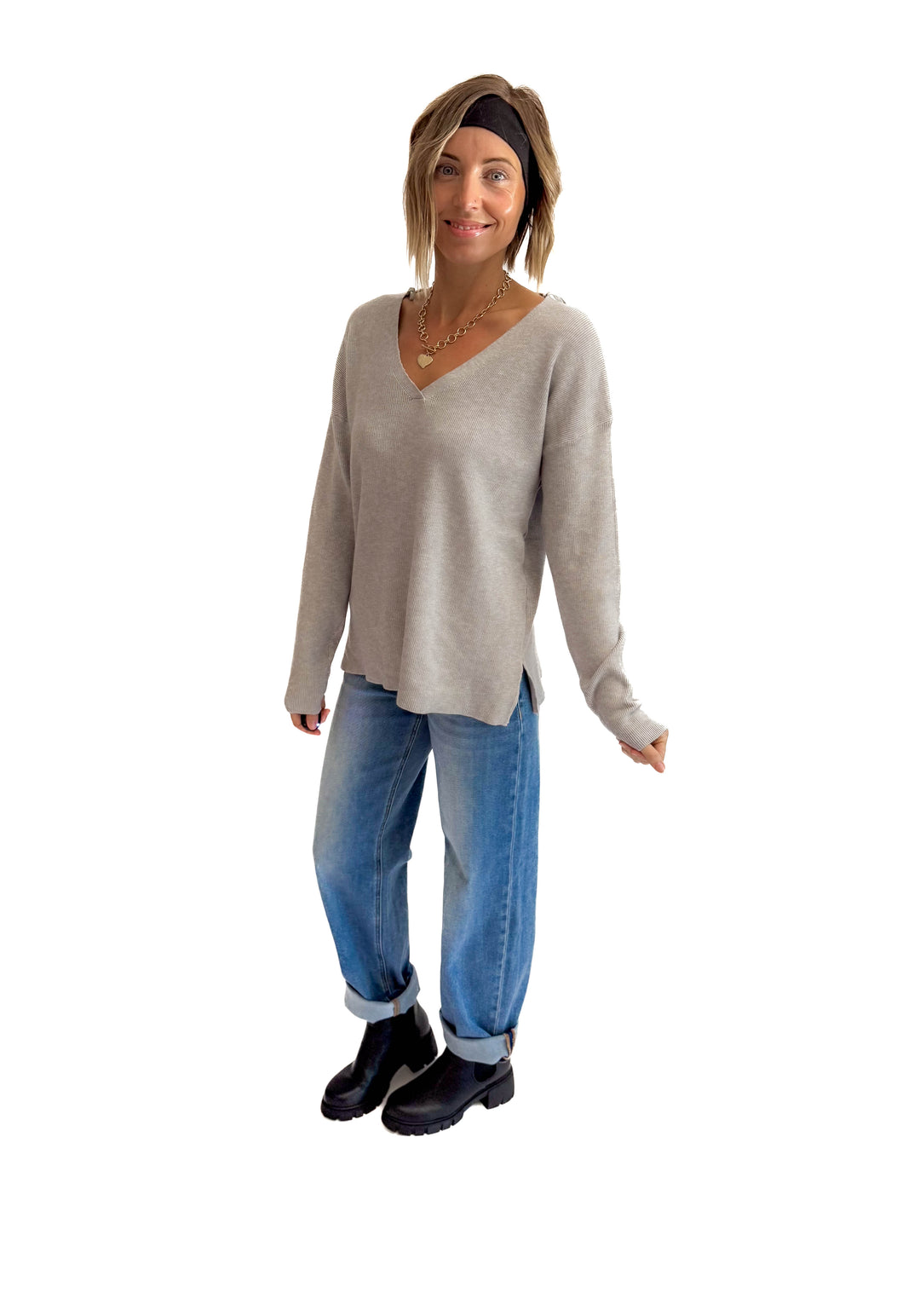 Jillian Knit V-Neck Drop Shoulder Sweater- HEATHER GREY