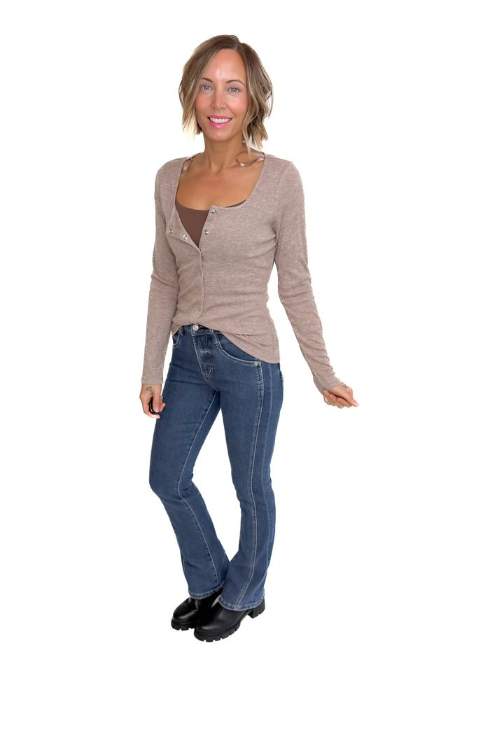 Jayda Long Sleeve Snap Button Cardigan- COCOA