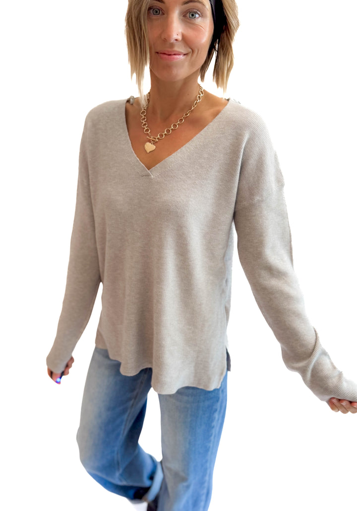Jillian Knit V-Neck Drop Shoulder Sweater- HEATHER GREY