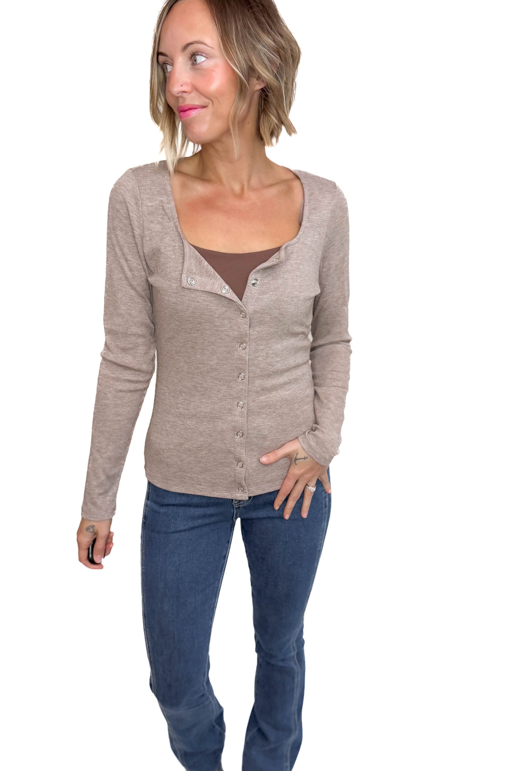 Jayda Long Sleeve Snap Button Cardigan- COCOA