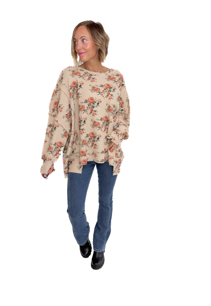 Posey Floral Oversized Waffle Pullover- TAUPE
