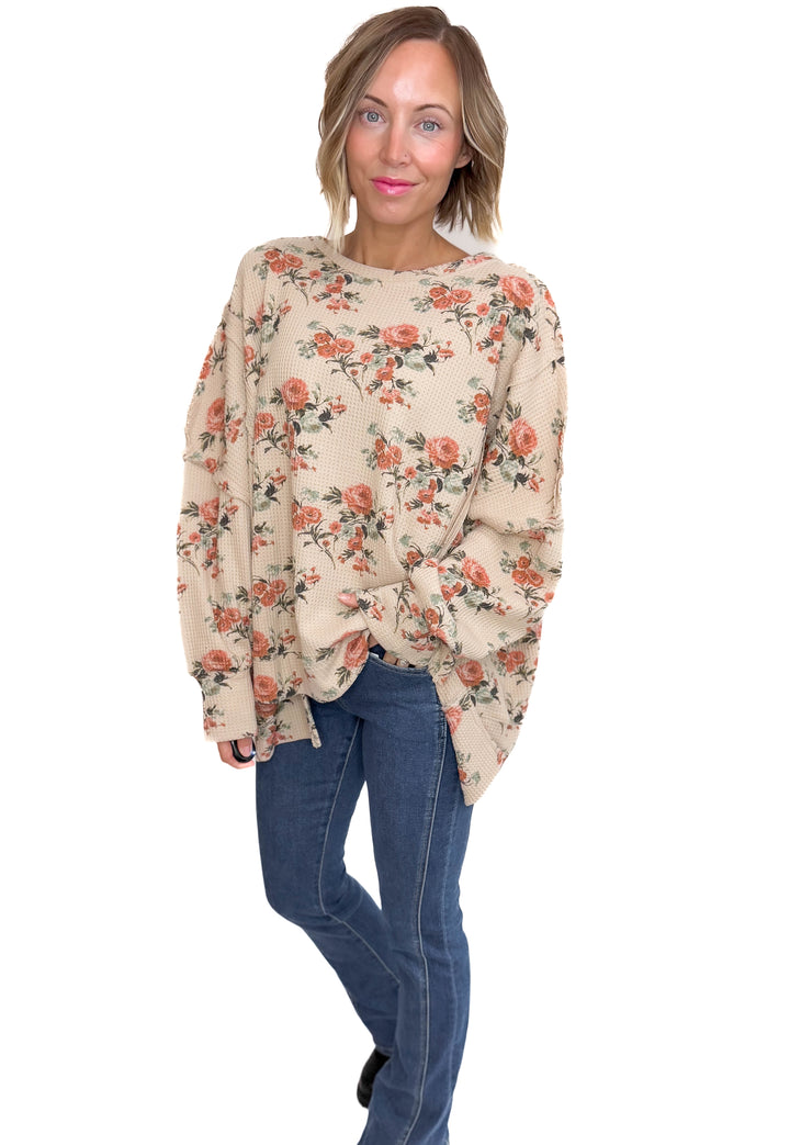 Posey Floral Oversized Waffle Pullover- TAUPE
