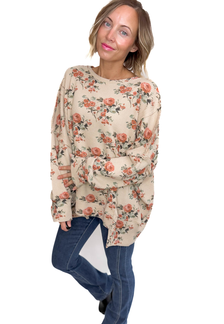Posey Floral Oversized Waffle Pullover- TAUPE