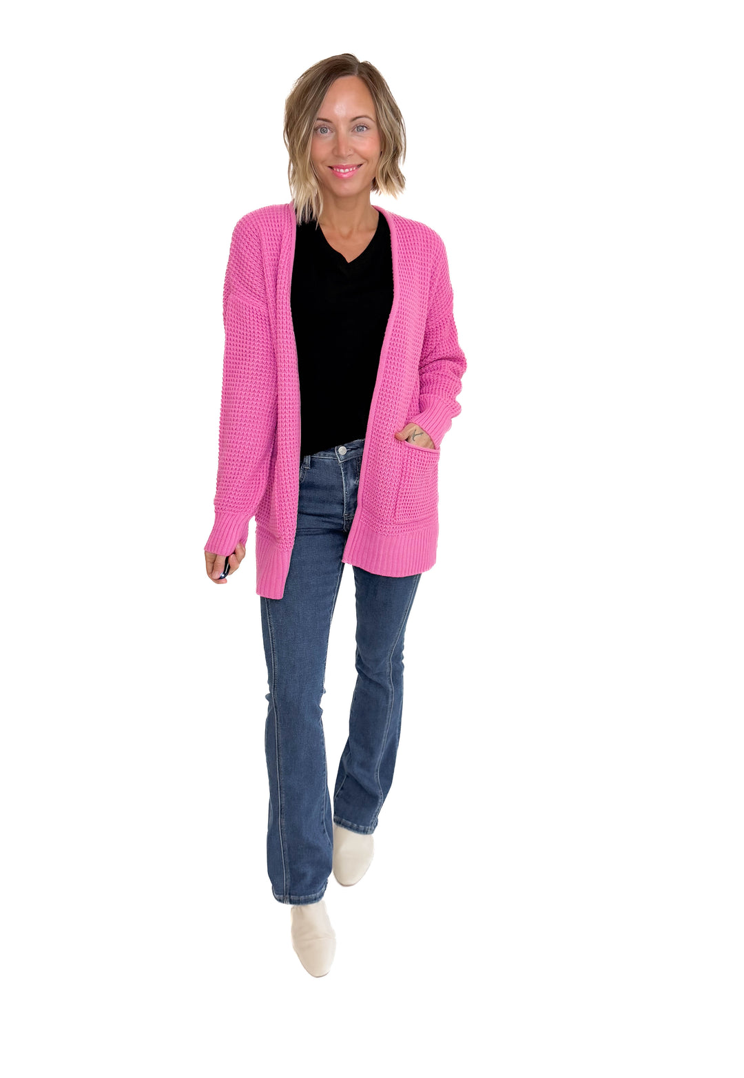 Marley Waffle Cardigan- CANDY PINK