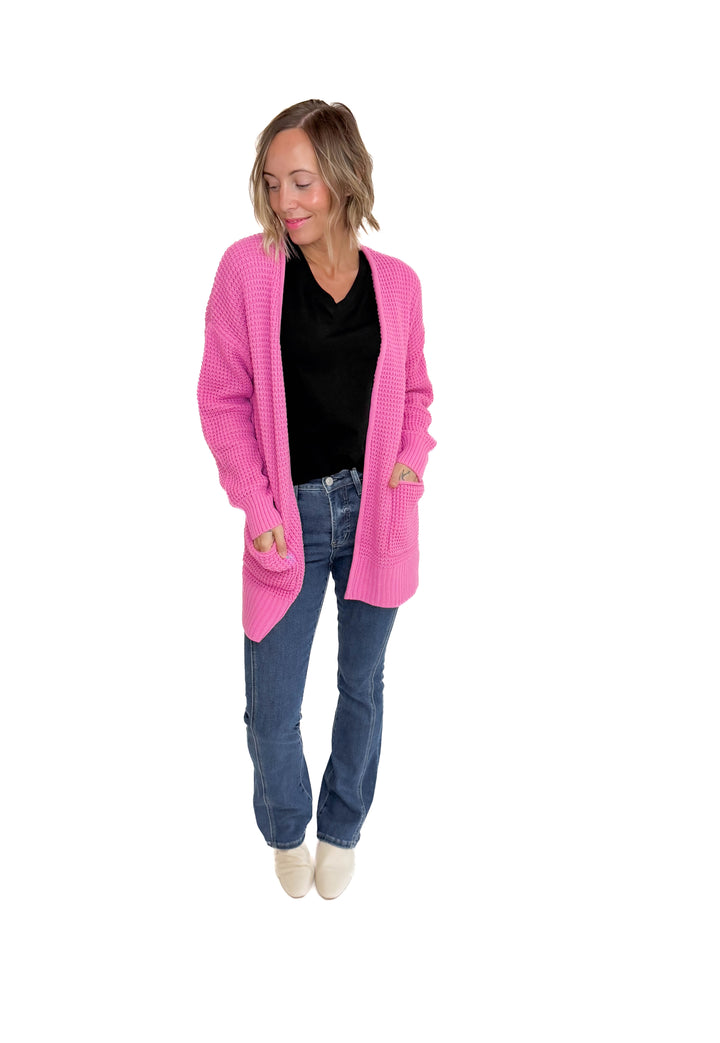 Marley Waffle Cardigan- CANDY PINK
