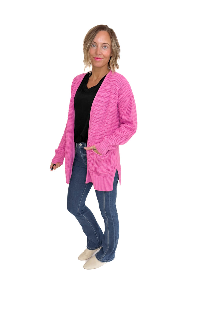 Marley Waffle Cardigan- CANDY PINK