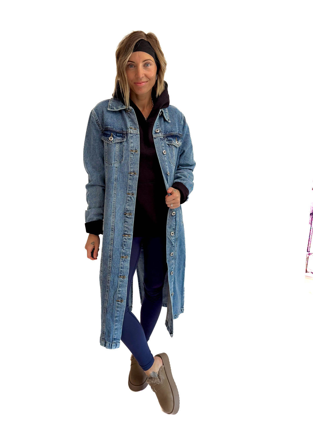 Katerina  Long Line Denim Jacket- MEDIUM BLUE