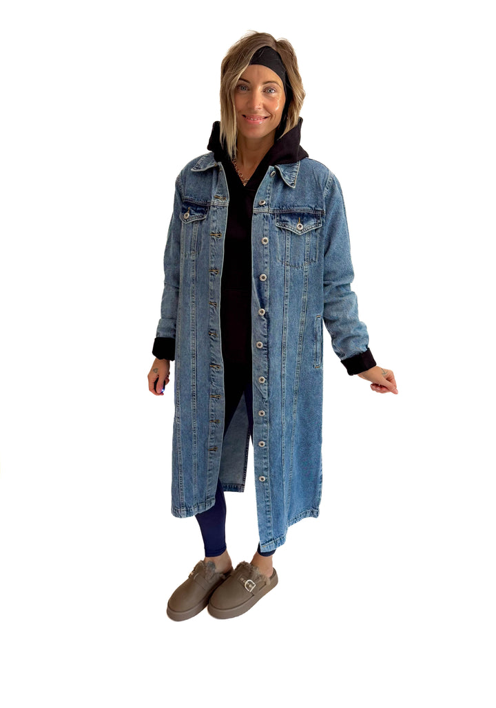 Katerina  Long Line Denim Jacket- MEDIUM BLUE