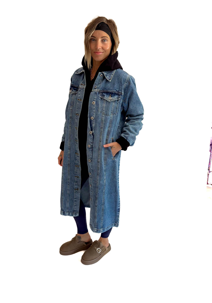 Katerina  Long Line Denim Jacket- MEDIUM BLUE