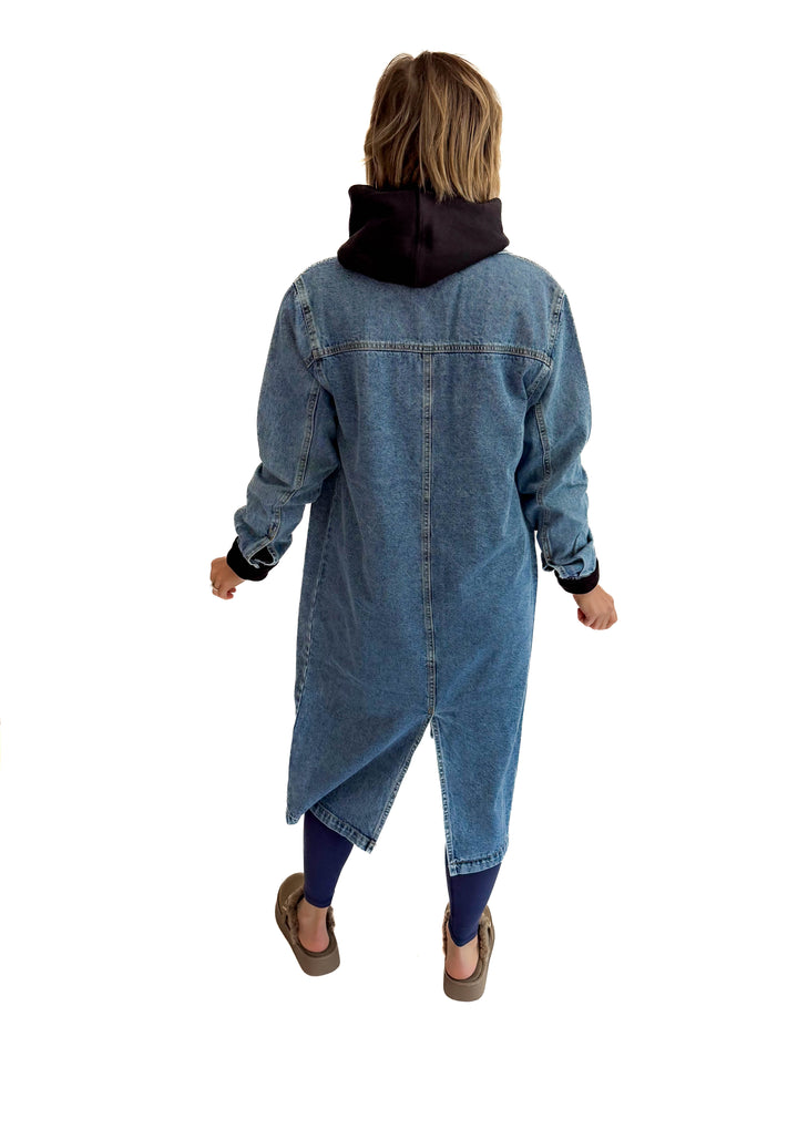 Katerina  Long Line Denim Jacket- MEDIUM BLUE