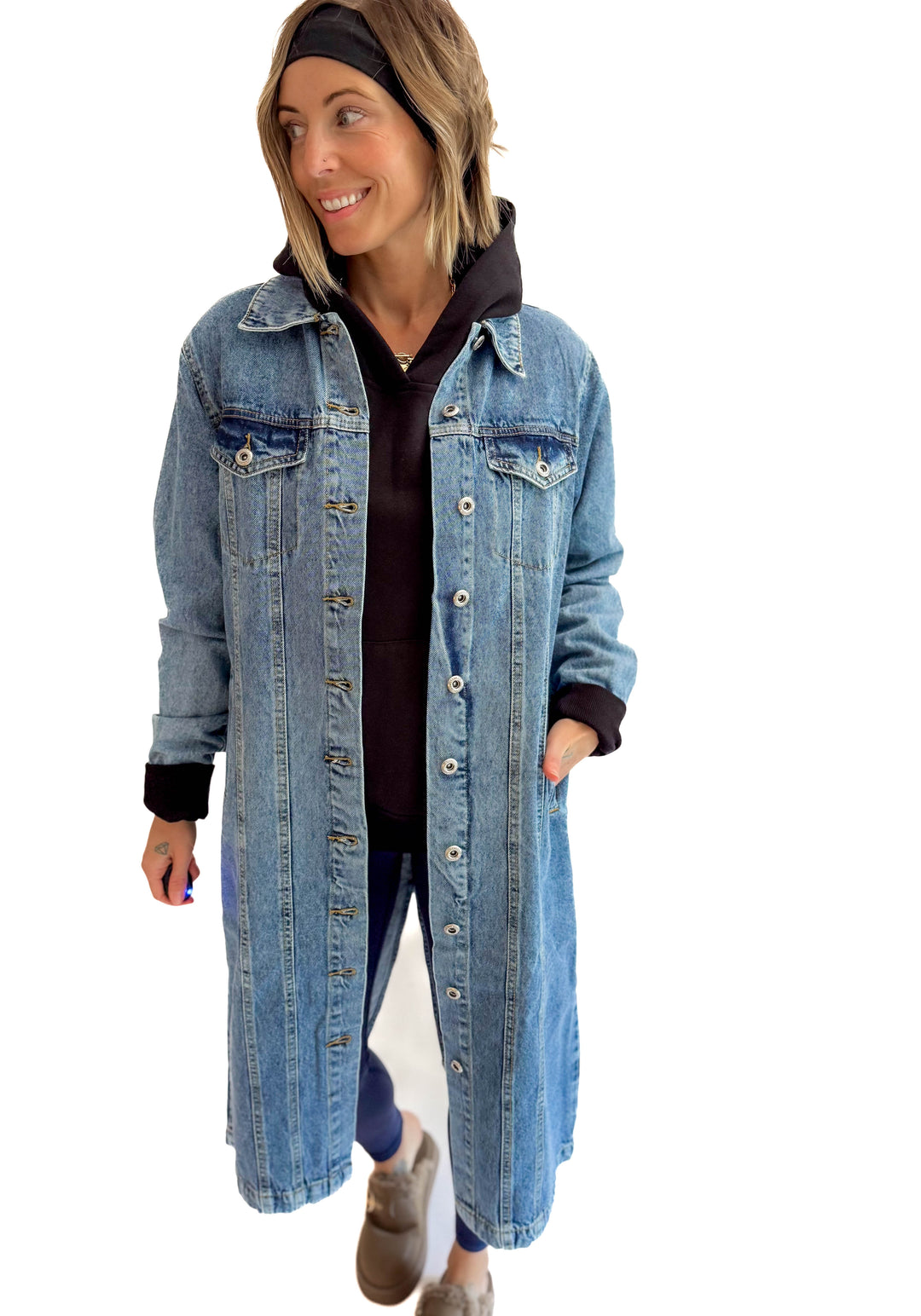 Katerina  Long Line Denim Jacket- MEDIUM BLUE