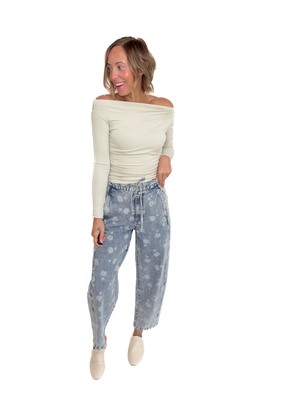 Thea Dandelion Washed Denim Drawstring Jogger- LIGHT DENIM