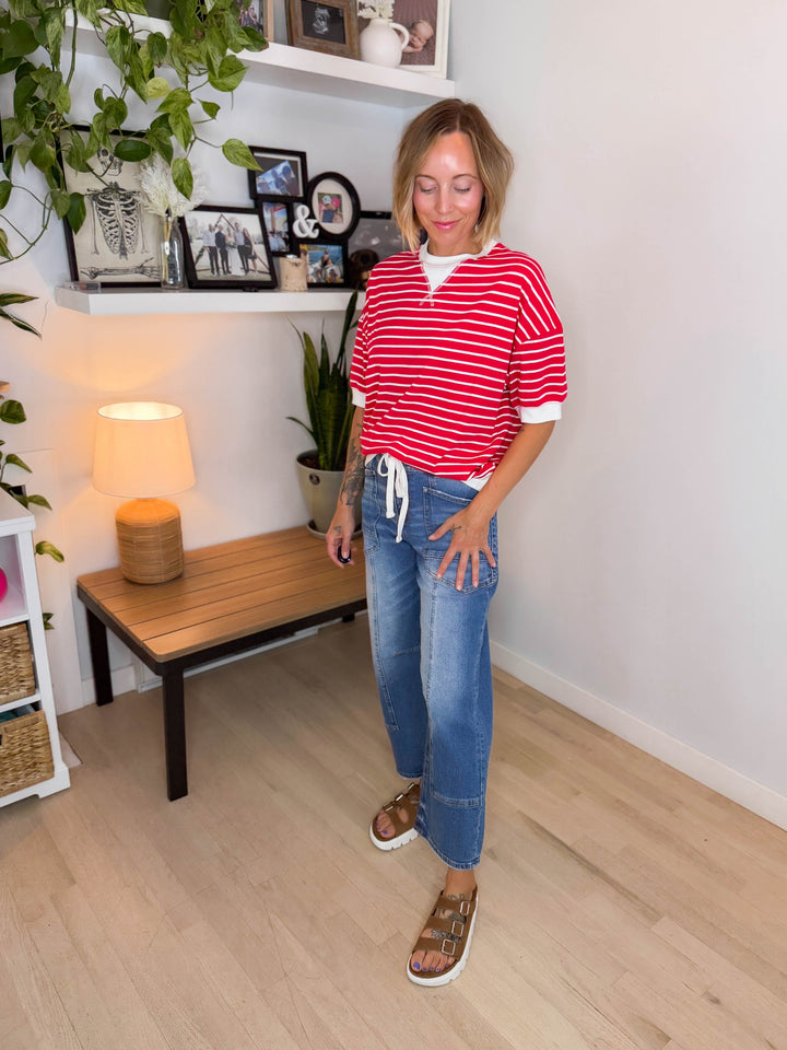 Santorini Stretch Cotton Stripe Short Sleeve- RUBY