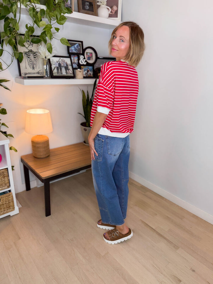 Santorini Stretch Cotton Stripe Short Sleeve- RUBY