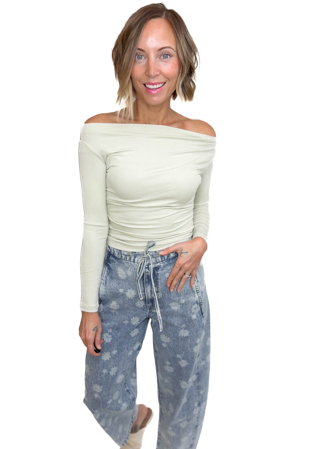 Ellen Boat Neck Pintuck Detail Long Sleeve Knit Top- LIGHT OLIVE