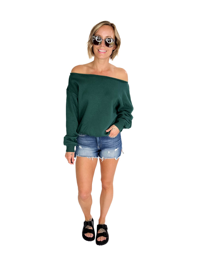 Janice Fleece Off Shoulder Top- HUNTER GREEN-FINAL SALE