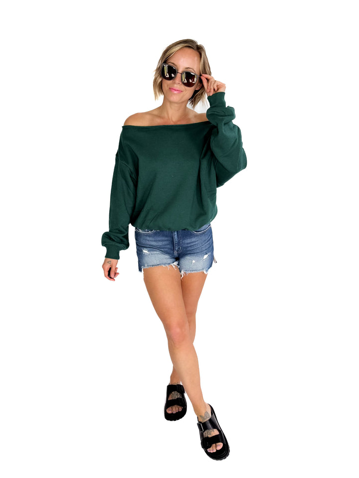 Janice Fleece Off Shoulder Top- HUNTER GREEN-FINAL SALE