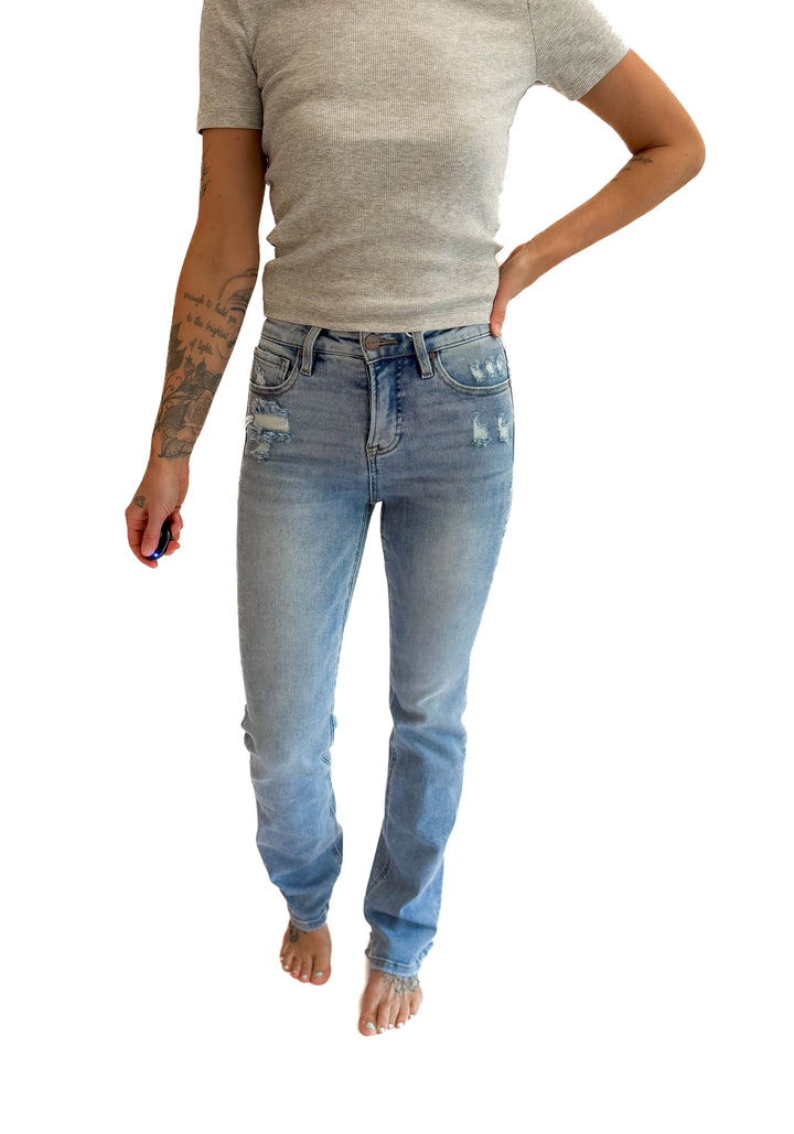 RISEN Carrie High Rise Straight Leg Tummy Control Jeans- MEDIUM WASH