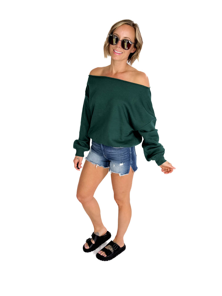 Janice Fleece Off Shoulder Top- HUNTER GREEN-FINAL SALE