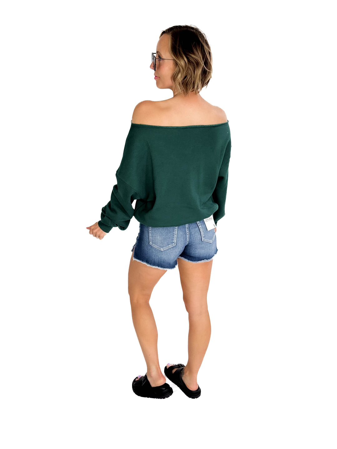 Janice Fleece Off Shoulder Top- HUNTER GREEN-FINAL SALE